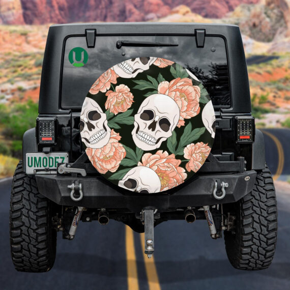 Pink Peonies And Human Skulls On Black Background Spare Tire Cover Jeep Tire Covers Daymira 4043