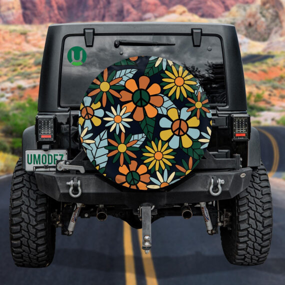 Retro Hippie Flowers Vintage Daisy And Leaves All Over Pattern Spare Tire Cover - Jeep Tire Covers