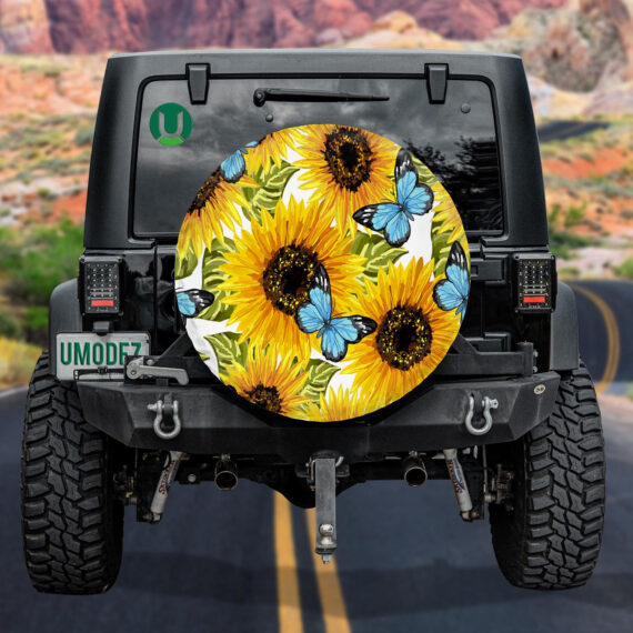 Artistic Blue Butterflies And Sunflowers Artwork Pattern Spare Tire Cover - Jeep Tire Covers