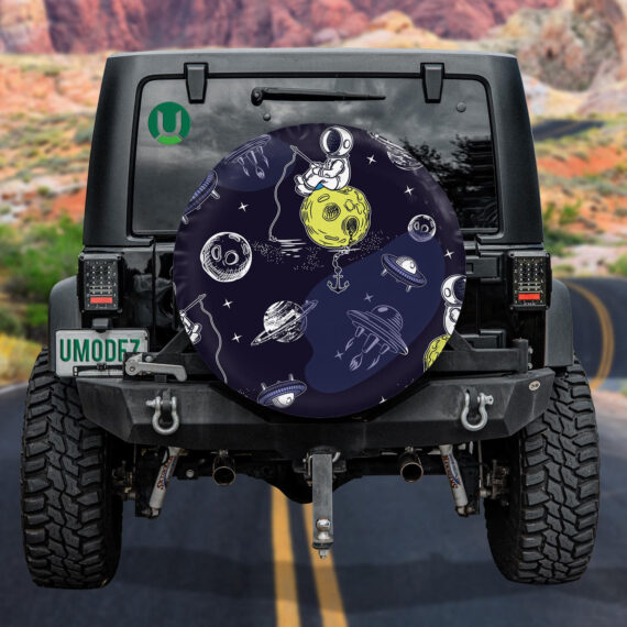 Astronaut With A Fishing Rod Sitting On The Moon Spare Tire Cover - Jeep Tire Covers