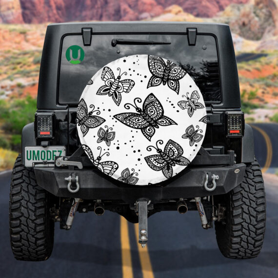 Black And White Illustration Of Beautiful Butterflies Spare Tire Cover ...