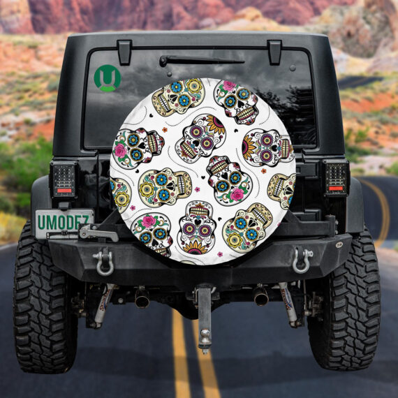 Traditional Mexican Sugar Skull On White Background Spare Tire Cover - Jeep Tire Covers