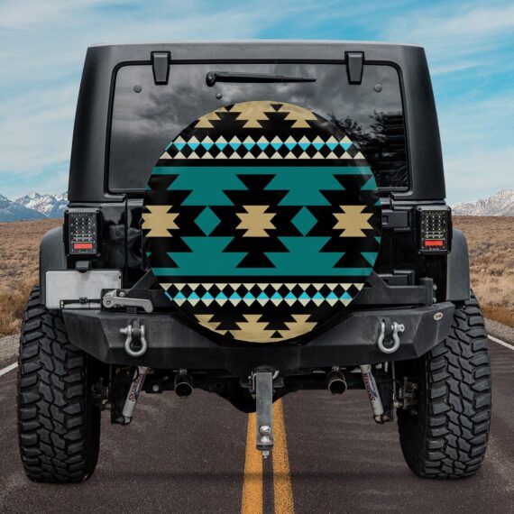 Black And Teal Ethnic Aztec Pattern Spare Tire Cover - Jeep Tire Covers