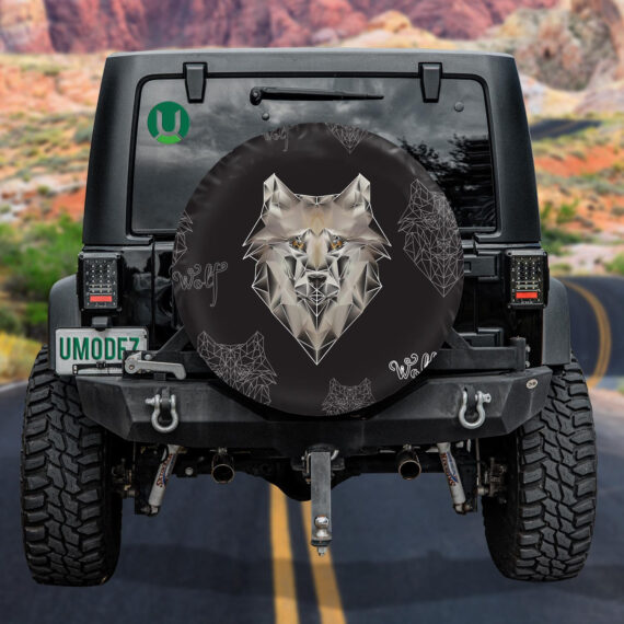 Texture Wolf Head Polygons On Black Spare Tire Cover - Jeep Tire Covers