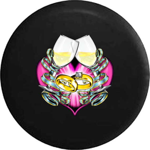 Just Married Heart Wedding Anniversary Rings Love Husband Wife On Black Spare Tire Cover - Jeep Tire Covers