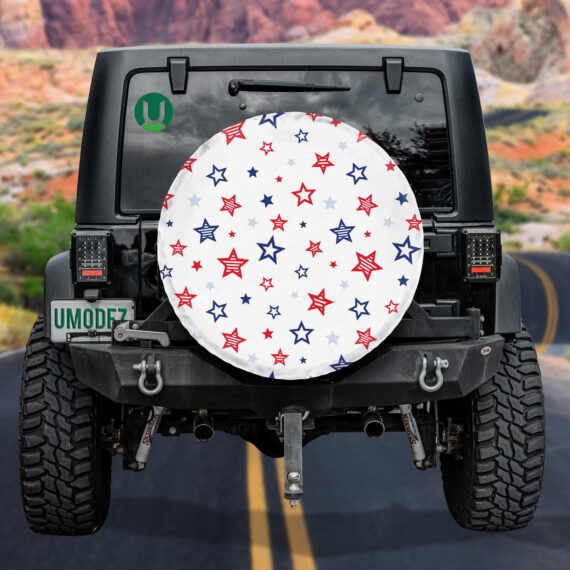 Sparkling Red Blue Stars White Background Spare Tire Cover - Jeep Tire Covers