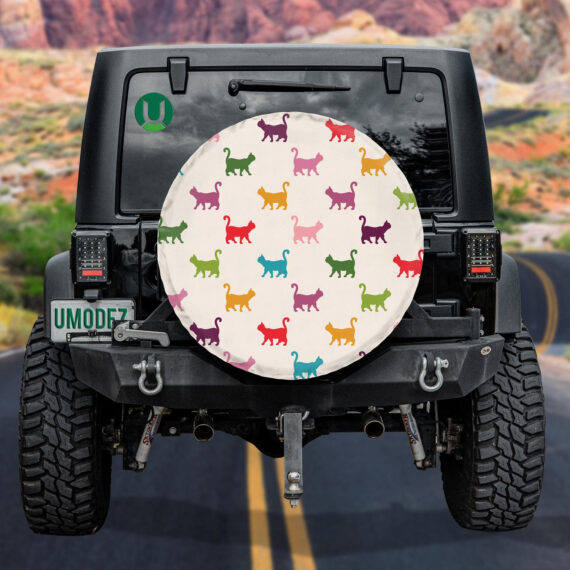 Cute Hand Drawn Colorful Cats Curved Tails Spare Tire Cover - Jeep Tire Covers