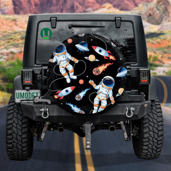 Space Themed With Astronauts Rockets And Planets Spare Tire Cover - Jeep Tire Covers