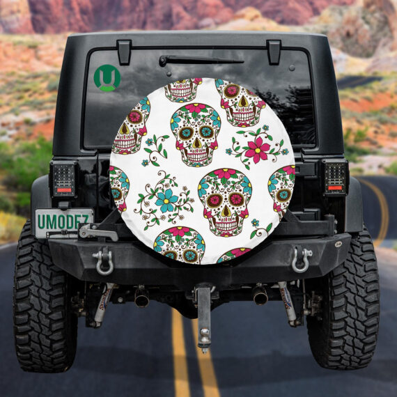 Traditional Sugar Skull Mexican With Plants Spare Tire Cover - Jeep Tire Covers