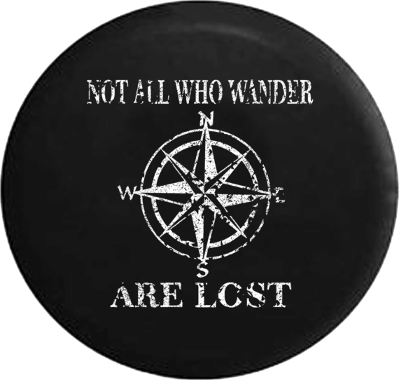 Distressed Not All Who Wander Are Lost Compass Star Ornamental On Black Spare Tire Cover - Jeep Tire Covers