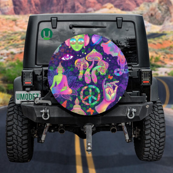 Trippy Mushrooms Peace Sign And Acid Buddha On Purple Design Spare Tire Cover - Jeep Tire Covers