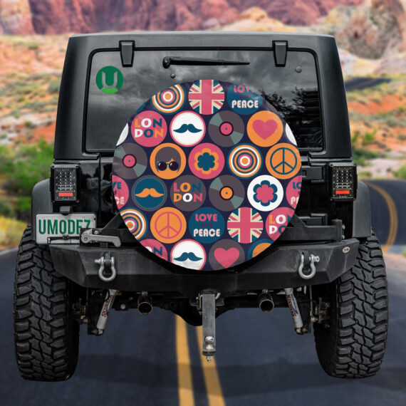 White Funky British Themed Retro Hippie Circles Pattern Spare Tire Cover - Jeep Tire Covers