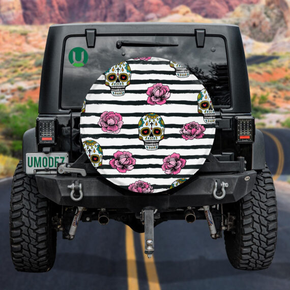 Sugar Skull Mexican And Peony Flowers Spare Tire Cover - Jeep Tire Covers