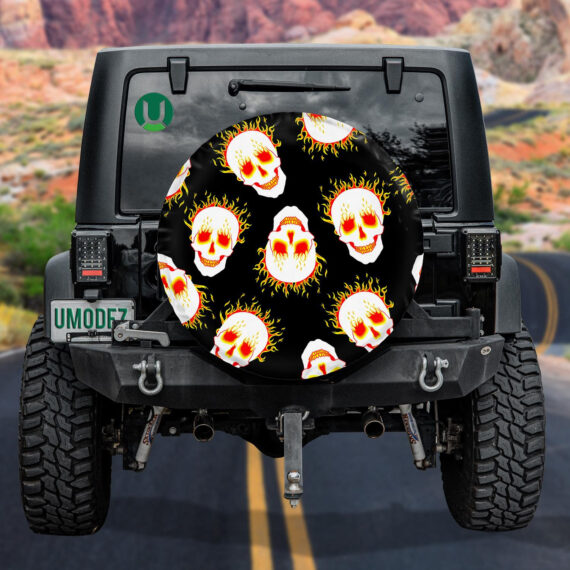 Terrible Grinning Human Skull In Bright Burning Fire Spare Tire Cover - Jeep Tire Covers