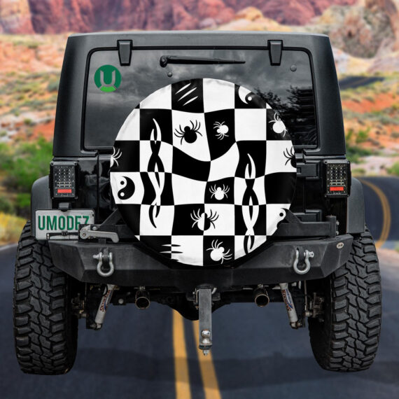 Trippy Spider Yin Yang Sign Pattern In Black And White Spare Tire Cover - Jeep Tire Covers