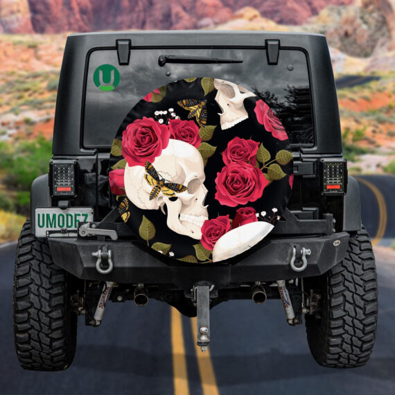 White Human Skull With Rose Leaves And Moth Spare Tire Cover - Jeep Tire Covers