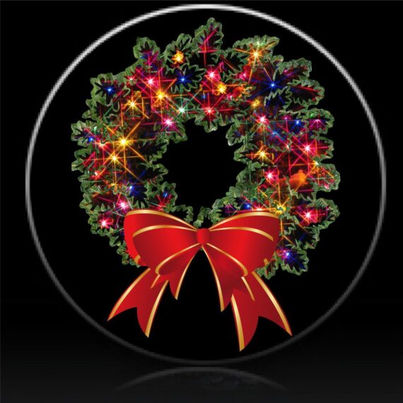 Christmas Wreath With Colorful Lights And Bow Design Spare Tire Cover