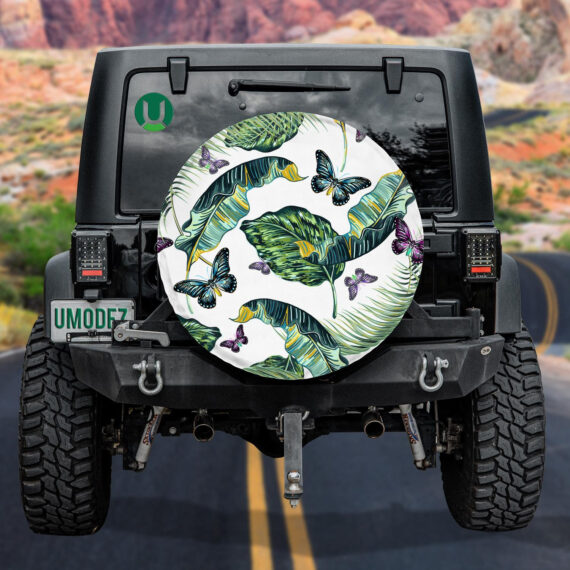 Theme Tropical Leaves And Butterflies Flying Spare Tire Cover - Jeep Tire Covers