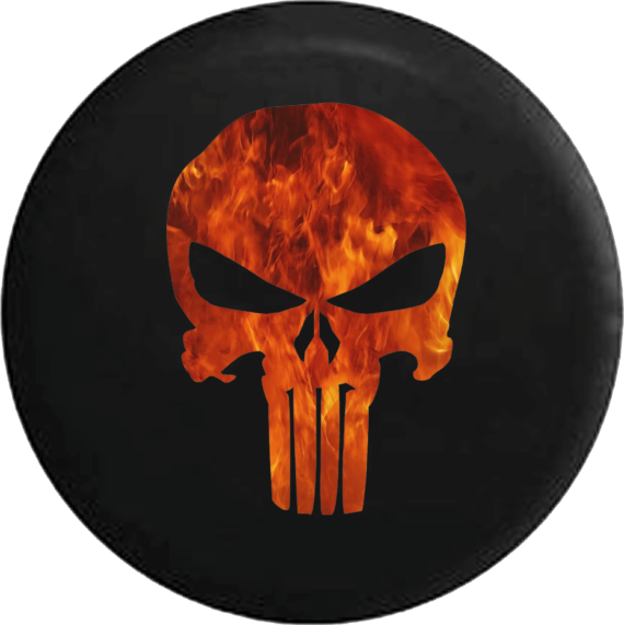 American Patriot Punisher Skull Fire Flames On Black Spare Tire Cover - Jeep Tire Covers