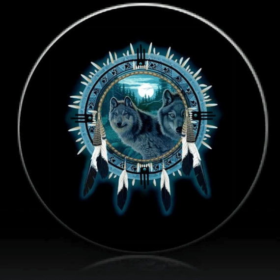 Dream Catcher With Blue Wolf Art Design Spare Tire Cover - Jeep Tire Covers