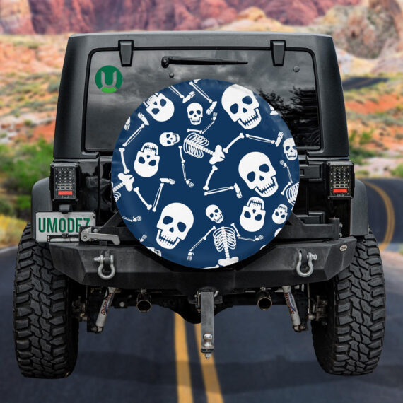 White Human Skull Skeleton On Blue Background Spare Tire Cover - Jeep Tire Covers