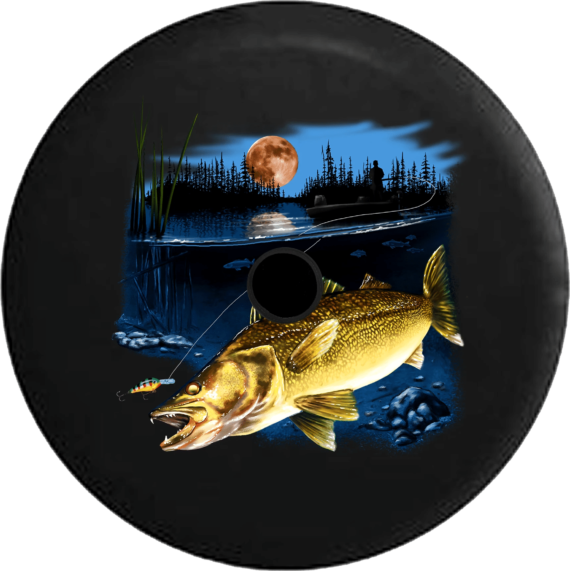 Spare Tire Cover Day Walleye Fish In The Lake Fishing Lure Night Full Moon - Jeep Tire Covers