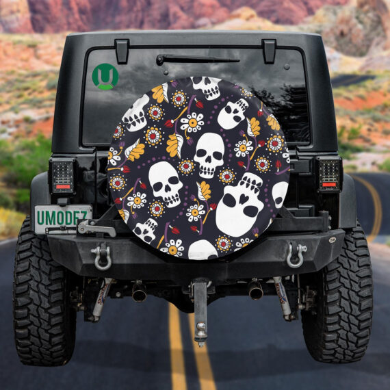 Stylized Human Skulls With Colorful Floral Spare Tire Cover - Jeep Tire Covers