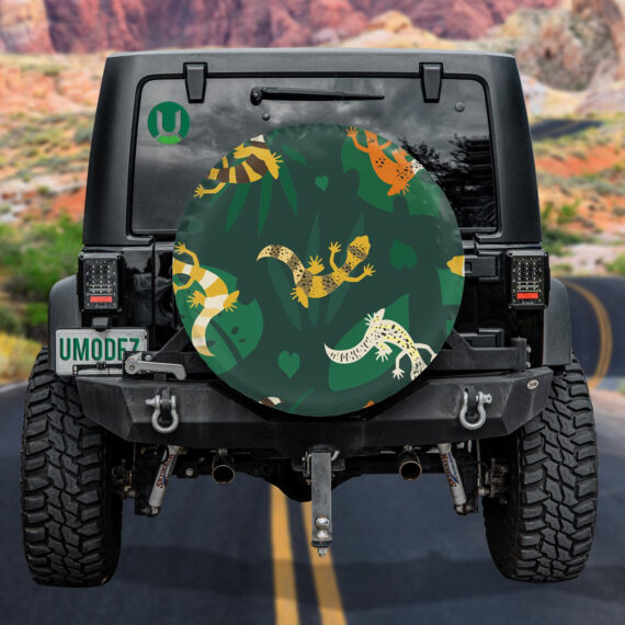 Wild Animals Leopard Geckos And Tropical Leaves Spare Tire Cover - Jeep Tire Covers