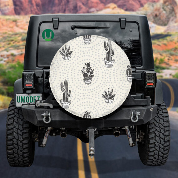 Tropical Succulents Cacti Plants On Dot Background Spare Tire Cover - Jeep Tire Covers