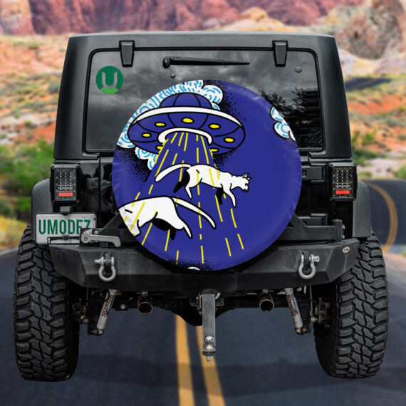 Ufo Kidnaps Cats Fly In The Air Spare Tire Cover - Jeep Tire Covers