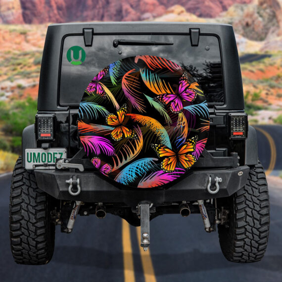 Spring Theme Multicolored Palm Leaves With Butterflies Spare Tire Cover - Jeep Tire Covers