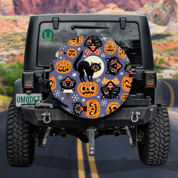 Vintage Spooky Cats And Halloween Pumpkins Spare Tire Cover - Jeep Tire Covers