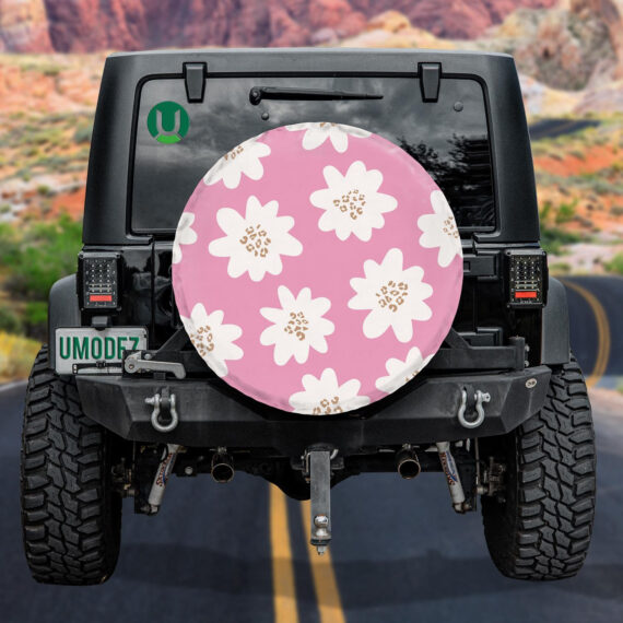 Wild African Leopard And Daisy Flower Spare Tire Cover - Jeep Tire Covers