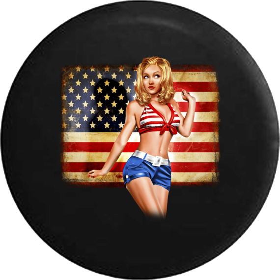 American Flag Pinup Girl Bikini Model Jeep Camper Spare Tire Cover Custom Size - V348 - Jeep Tire Covers