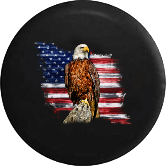 Rustic Vintage American Flag Bald Eagle Perched on Stone Jeep Camper ...