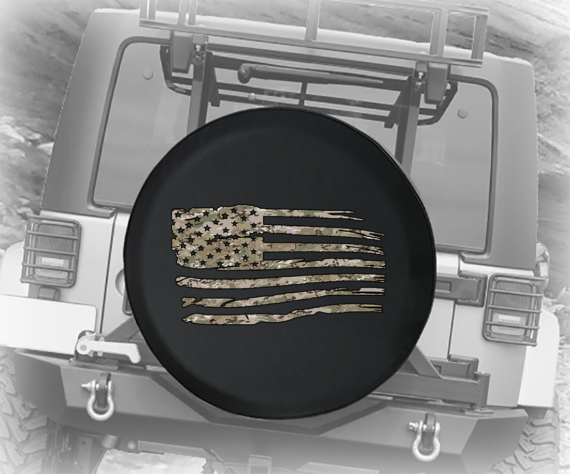 Tactical Camo Waving American Flag Military Veteran - Spare Tire Cover - Jeep Tire Covers