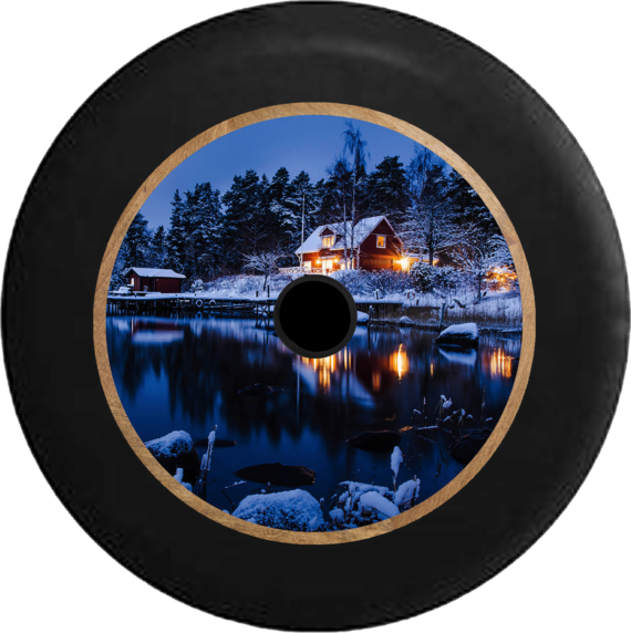 Jeep Wrangler JL Backup Camera Lake Cottage in the Evening Winter Scene Jeep Camper Spare Tire Cover 212 - Jeep Tire Covers