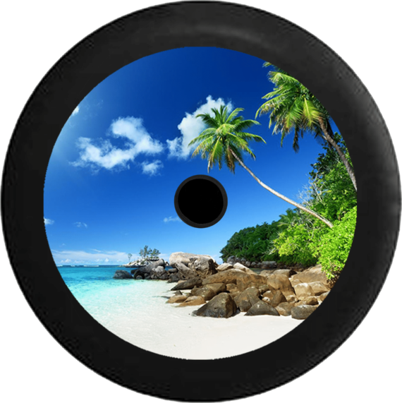 Jeep Wrangler JL Backup Camera Palm Trees White Sand Tropical Beach Vacation Jeep Camper Spare Tire Cover 107 - Jeep Tire Covers