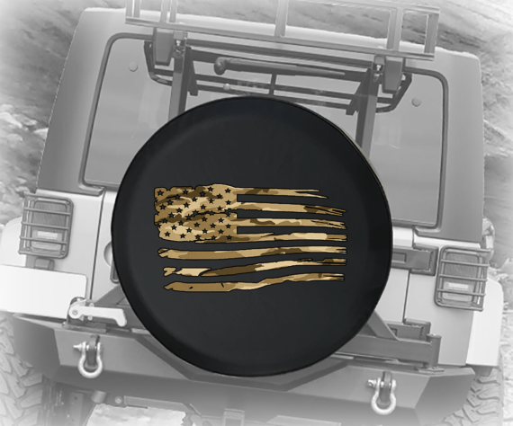 Green Camo Waving American Flag Military USA - Spare Tire Cover - Jeep Tire Covers