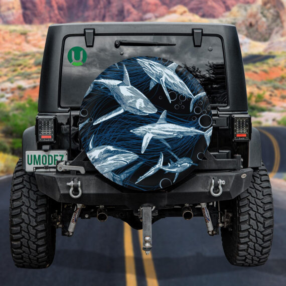 Dark Ocean Background With Shark And Bubbles Hand Drawn Spare Tire Cover - Jeep Tire Covers