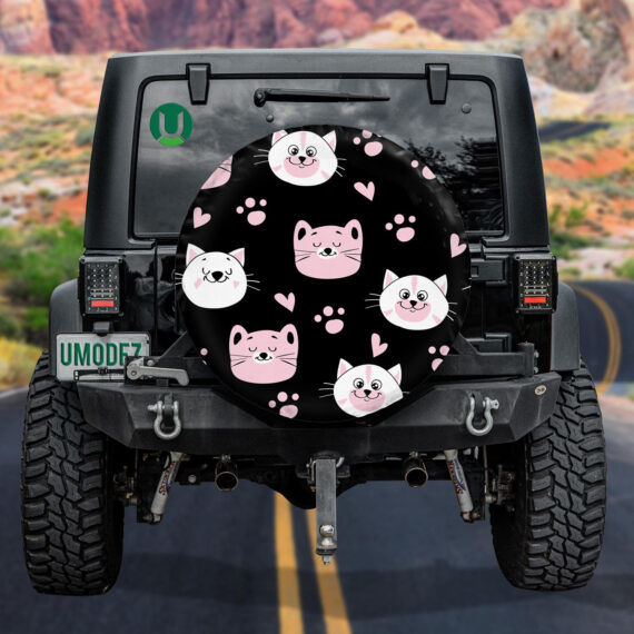 Cute Head Of White And Pink Cats In Kawaii Style Spare Tire Cover - Jeep Tire Covers