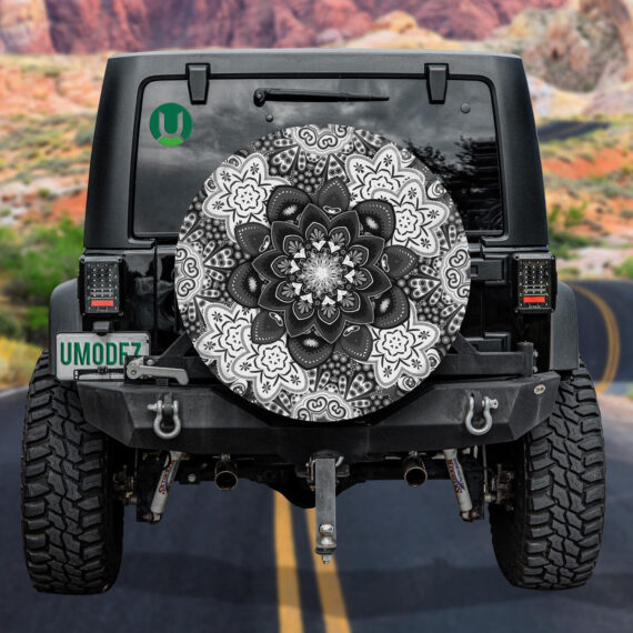 Black And White Ethnic Floral With Mandalas. Spare Tire Cover - Jeep Tire Covers