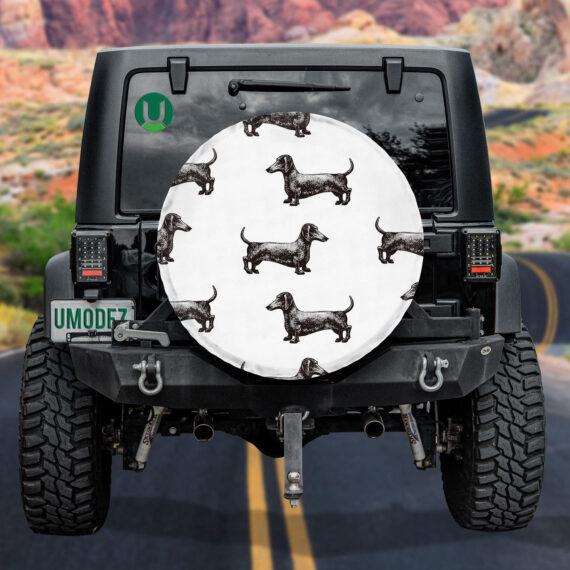 Hand Drawn Vintage Black Dachshund Dog Spare Tire Cover - Jeep Tire Covers