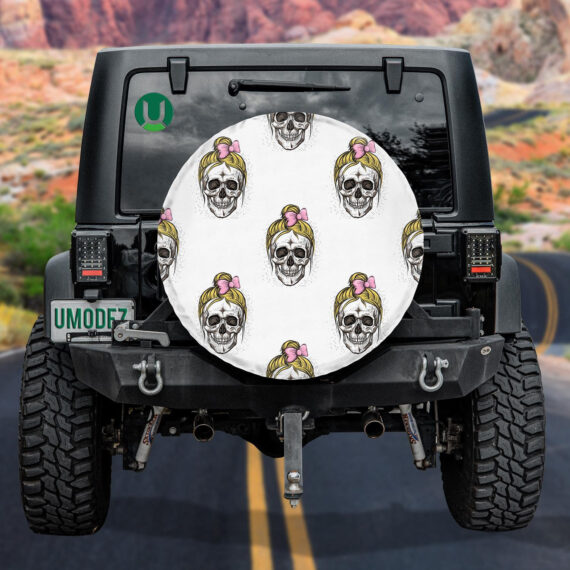 Female Human Skull With Yellow Hair And Scrunchy Spare Tire Cover Car Accessories - Jeep Tire Covers