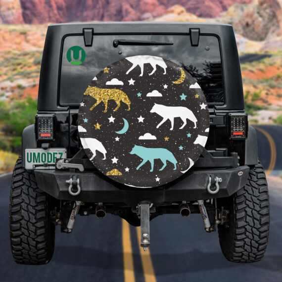 Gold Blue And White Abstract Wolf Spare Tire Cover - Jeep Tire Covers