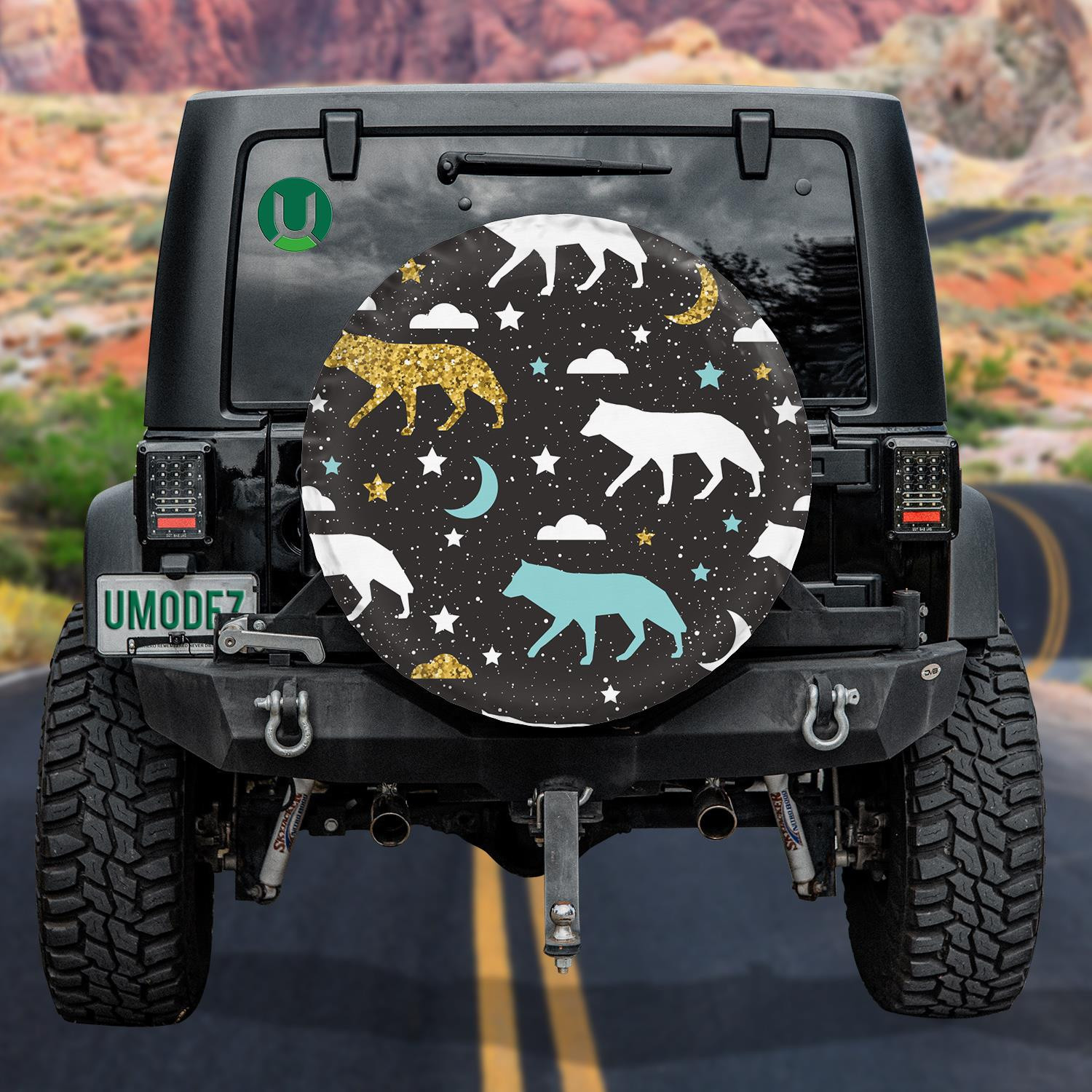 Gold Blue And White Abstract Wolf Spare Tire Cover Jeep Tire Covers