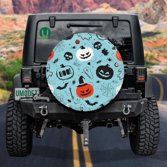 Halloween Light Blue Pattern With Main Symbols And Maple Leaves Spare Tire Cover - Jeep Tire Covers