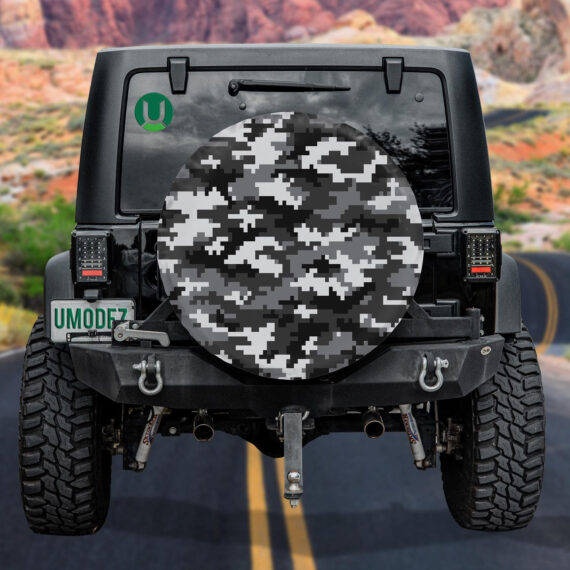 Gray And Black 8-Bit Pixel Camo Pattern Spare Tire Cover - Jeep Tire Covers