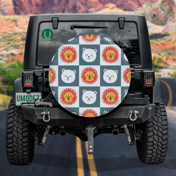 Cute Lion And Bear On Check Spare Tire Cover - Jeep Tire Covers