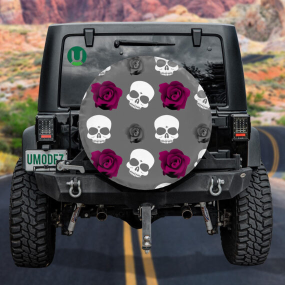 Human Skulls And Roses On Grey Background Spare Tire Cover Car Accessories - Jeep Tire Covers